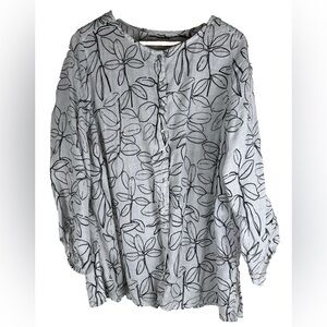 Cynthia Rowley 100% Linen White Black Leaves Print Button 1X Tunic Resortwear